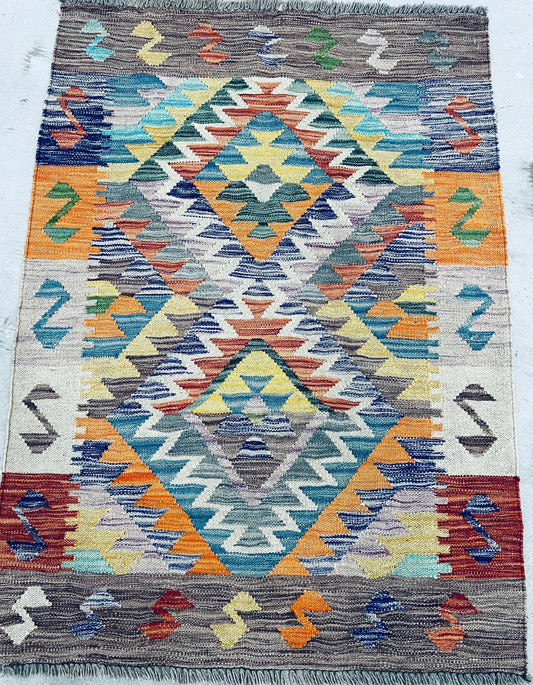 AFGHAN BOHO VEG DYE KILIM PURE-WOOL RUG (100 x 156 cm)