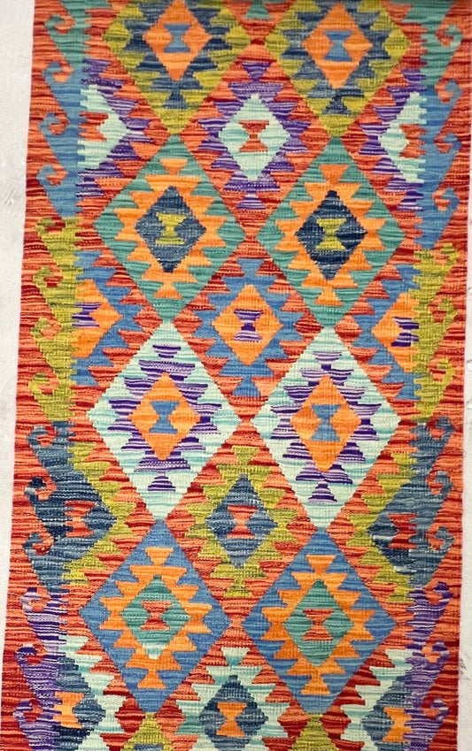 MULTICOLOUR AFGHAN BOHO KILIM RUNNER (79 X 293 cm)